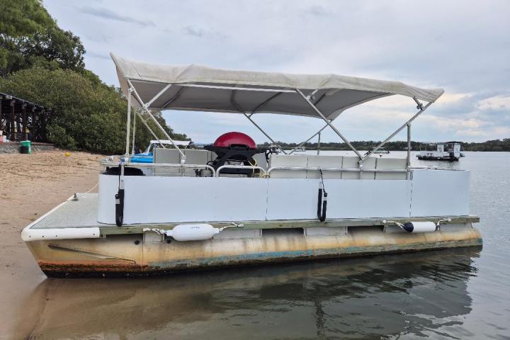 Pontoon boat with canopy moored on sandy shore, trees in background.