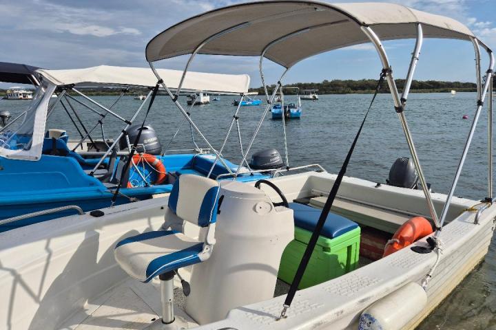 Small motorboat with canopy, seats, and lifebuoy docked by a lake.