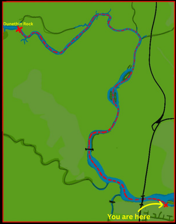 Map showing a river path with markers for Dunethin Rock and current location.