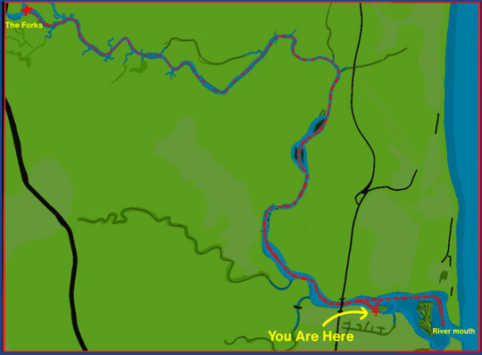 Map showing river paths with labels 'The Forks' and 'You Are Here' near the river mouth.
