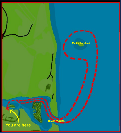 Map showing Mudjimba Island, river mouth, and 'You are here' marker with red dashed route.