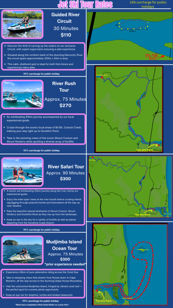 Jet ski tour rates: Guided River $110, River Rush $270, Safari $300, Mudjimba Island $300, includes route maps.