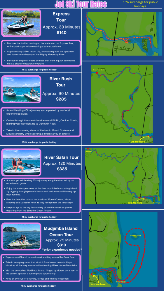 A colorful poster detailing jet ski tour rates and routes with prices, durations, and maps.